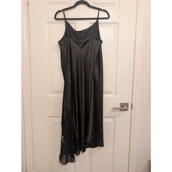 Vintage 90s Y2K Asymmetrical Midi Dress Midnight Garden Whimsigoth Satin Slip L - Picture 7 of 8